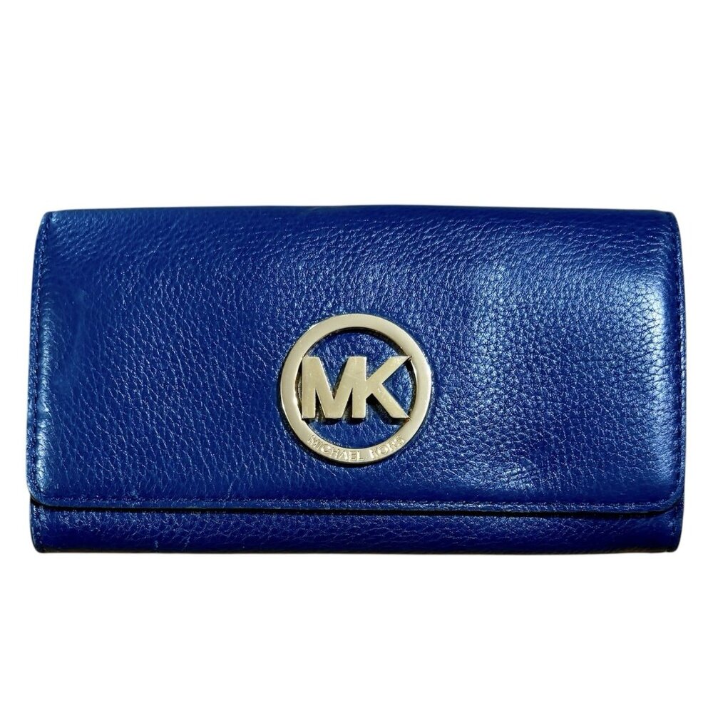 Michael Kors Fulton Flap Continental Wallet Pebbled Leather Navy Blue Gold